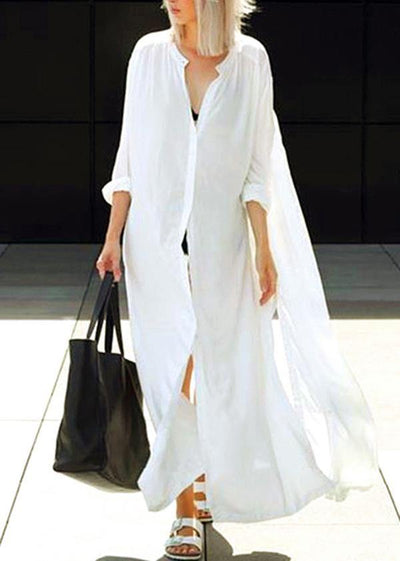 Loose White Stand Button long shirts Mid Dress Summer - SooLinen