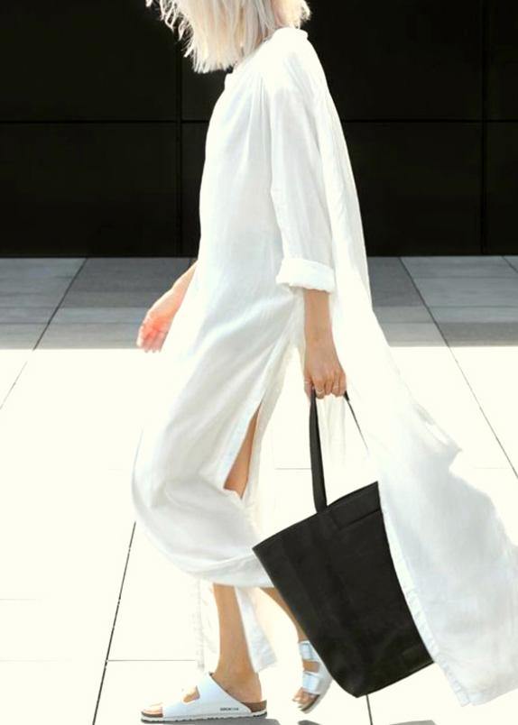 Loose White Stand Button long shirts Mid Dress Summer - SooLinen