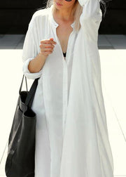 Loose White Stand Button long shirts Mid Dress Summer - SooLinen