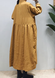 Loose Yellow Button Peter Pan Collar Linen Shirt Dress Long Sleeve