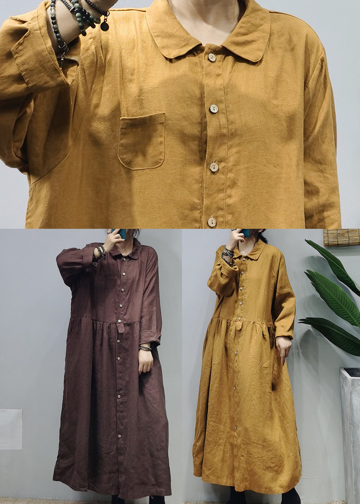 Loose Yellow Button Peter Pan Collar Linen Shirt Dress Long Sleeve