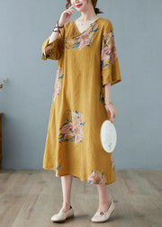 Loose Yellow Casual V Neck Print Summer Party Dresses Half Sleeve - SooLinen