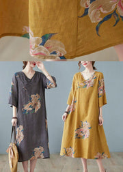 Loose Yellow Casual V Neck Print Summer Party Dresses Half Sleeve - SooLinen