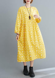 Loose Yellow Floral O Neck Cinched Art Spring Dresses - SooLinen