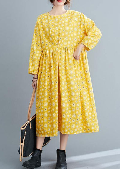 Loose Yellow Floral O Neck Cinched Art Spring Dresses - SooLinen