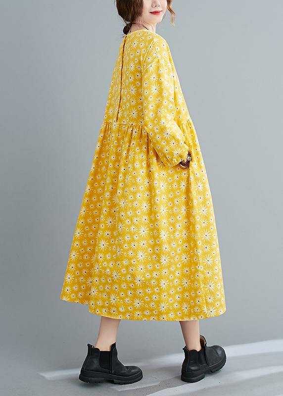 Loose Yellow Floral O Neck Cinched Art Spring Dresses - SooLinen