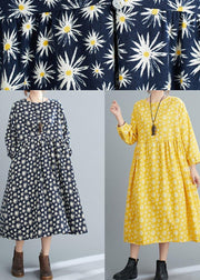 Loose Yellow Floral O Neck Cinched Art Spring Dresses - SooLinen