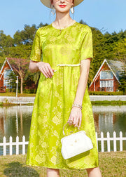 Loose Yellow Green Ruffled Patchwork Jacquard Silk Dress Short Sleeve