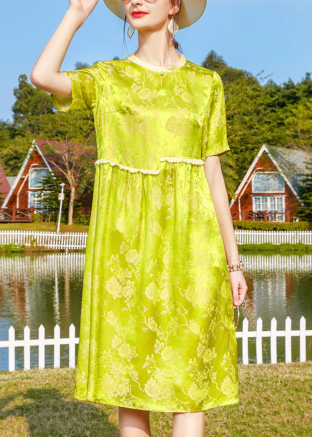 Loose Yellow Green Ruffled Patchwork Jacquard Silk Dress Short Sleeve