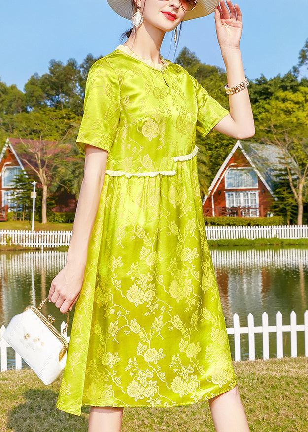 Loose Yellow Green Ruffled Patchwork Jacquard Silk Dress Short Sleeve