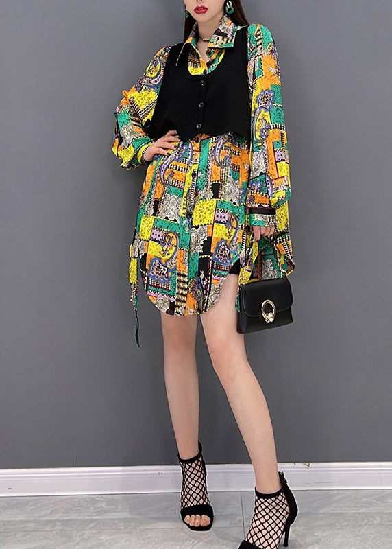 Loose Yellow Peter Pan Collar Print Button Asymmetrical Shirts Fake Two Pieces Long Sleeve