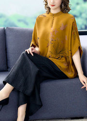 Loose Yellow Stand Collar Print Silk Two Piece Set Women Clothing Batwing Sleeve