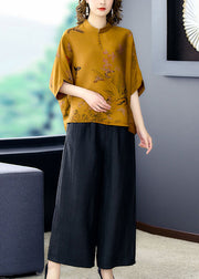 Loose Yellow Stand Collar Print Silk Two Piece Set Women Clothing Batwing Sleeve