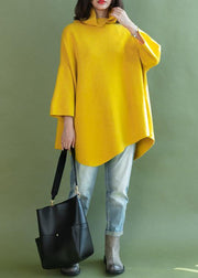 Loose asymmetric hem wool high neck clothes For Women Wardrobes yellow shirt - SooLinen