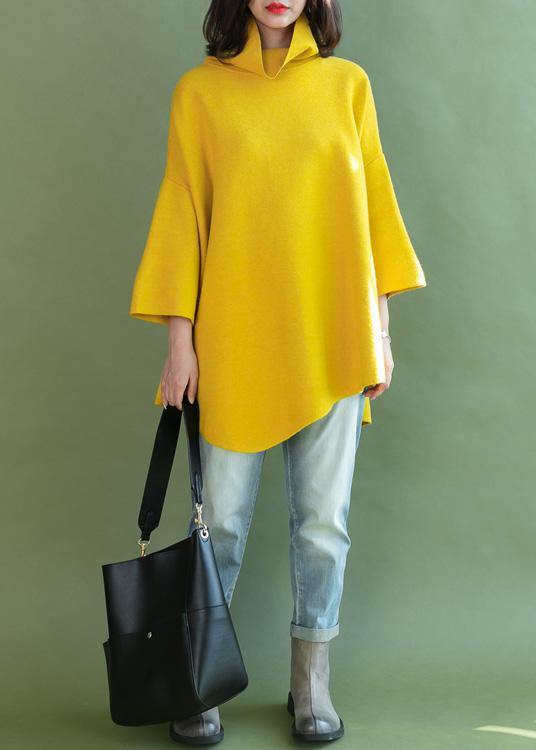 Loose asymmetric hem wool high neck clothes For Women Wardrobes yellow shirt - SooLinen