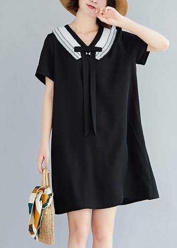 Loose black Cotton quilting dresses v neck Plus Size summer Dress - SooLinen