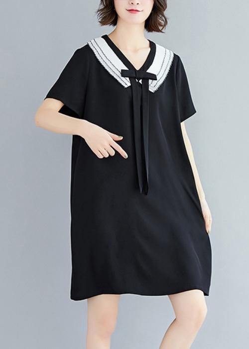 Loose black Cotton quilting dresses v neck Plus Size summer Dress - SooLinen