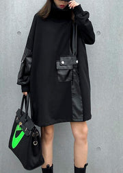 Loose black clothes Women high neck patchwork loose Dress - SooLinen