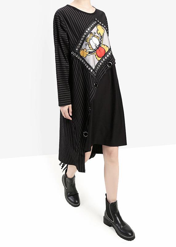 Loose black cotton clothes patchwork cotton Cartoon print fall Dresses - SooLinen