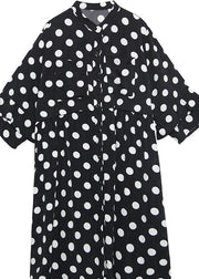 Loose black dotted silk Cotton quilting clothes Women Square Collar Plus Size Summer Dress - SooLinen