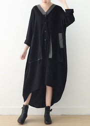 Loose black quilting clothes v neck patchwork Maxi fall Dresses - SooLinen