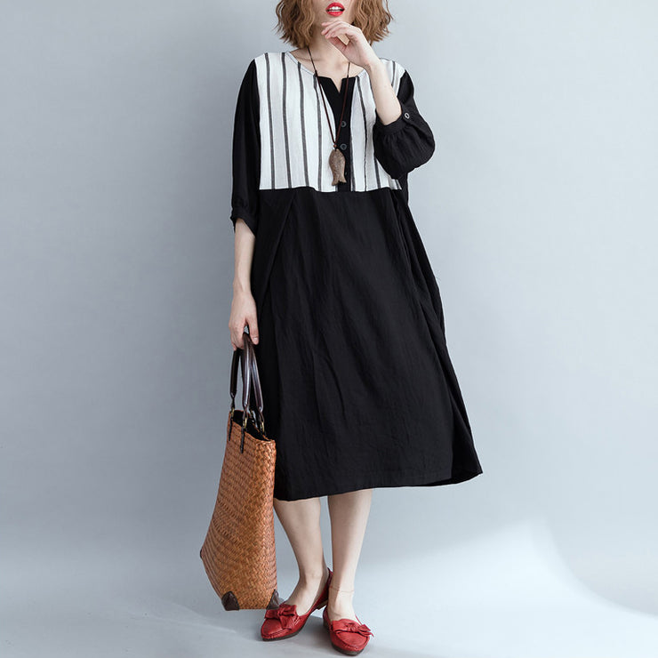 Loose black striped Cotton clothes Women Fashion Outfits patchwork Plus Size Dress