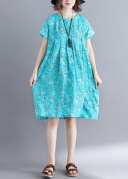 Loose blue floral dresses o neck Cinched loose summer Dresses - SooLinen