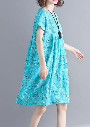 Loose blue floral dresses o neck Cinched loose summer Dresses - SooLinen