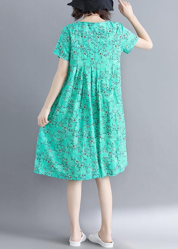 Loose blue floral dresses o neck Cinched loose summer Dresses - SooLinen