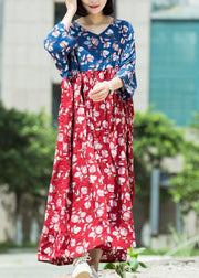 Loose blue red print cotton tunic pattern v neck asymmetric Maxi summer Dresses - SooLinen