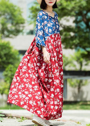 Loose blue red print cotton tunic pattern v neck asymmetric Maxi summer Dresses - SooLinen