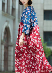 Loose blue red print cotton tunic pattern v neck asymmetric Maxi summer Dresses - SooLinen