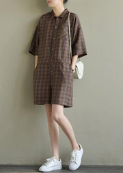 Loose brown Plaid linen lapel jumpsuit pants short summer - SooLinen