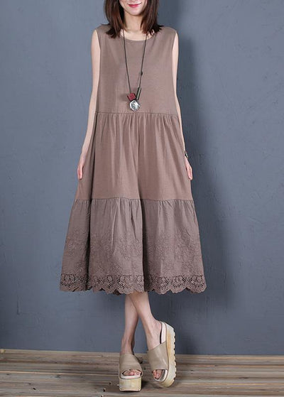 Loose chocolate cotton outfit o neck sleeveless Robe Dresses - SooLinen