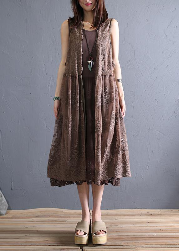 Loose chocolate cotton outfit o neck sleeveless Robe Dresses - SooLinen