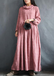 Loose cotton linen clothes Plus Size Cotton Linen Turtleneck Solid Retro Dress