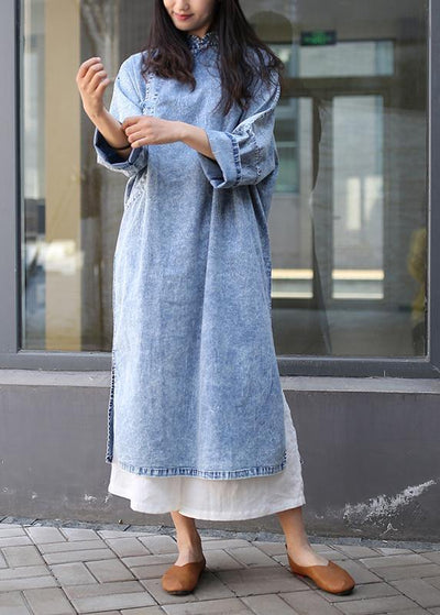 Loose denim blue Tunics stand collar side open Plus Size Dresses - SooLinen