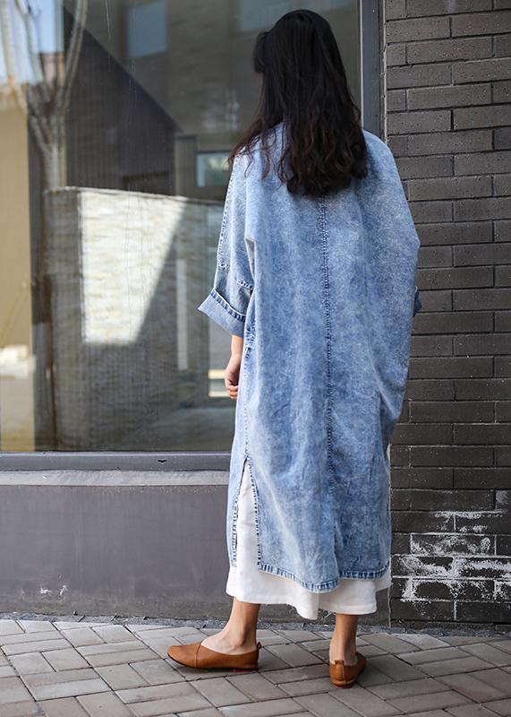 Loose denim blue Tunics stand collar side open Plus Size Dresses - SooLinen