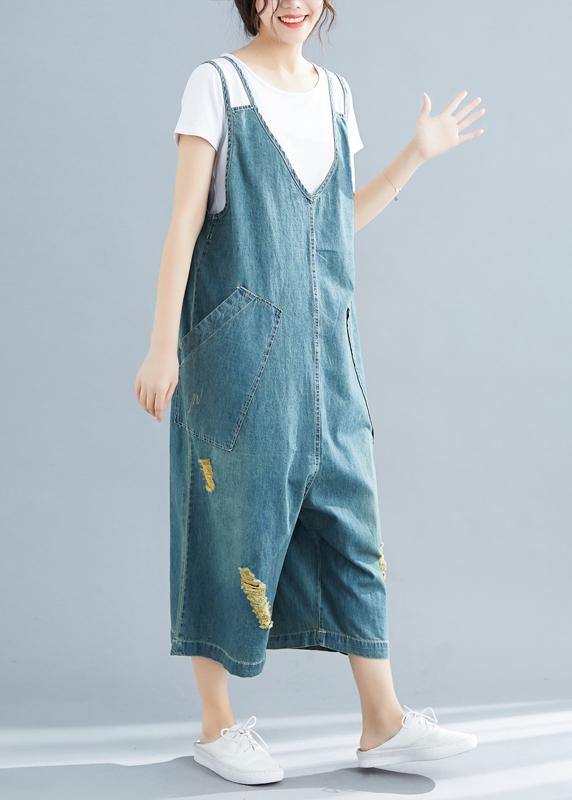 Loose denim blue cotton Tunics Korea loose jumpsuit pants - SooLinen