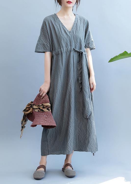 Loose gray plaid clothes Women v neck drawstring Art summer Dress - SooLinen