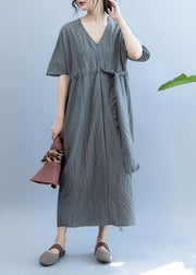 Loose gray plaid clothes Women v neck drawstring Art summer Dress - SooLinen