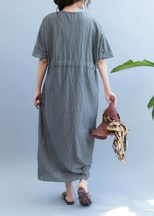 Loose gray plaid clothes Women v neck drawstring Art summer Dress - SooLinen