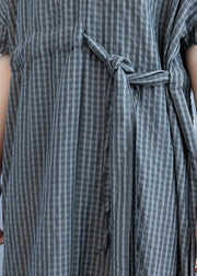 Loose gray plaid clothes Women v neck drawstring Art summer Dress - SooLinen