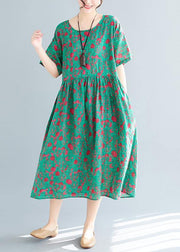 Loose green print cotton linen dresses Plus Size Inspiration o neck pockets Dresses Summer Dress - SooLinen