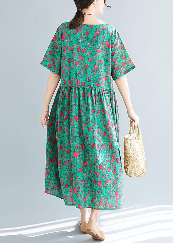 Loose green print cotton linen dresses Plus Size Inspiration o neck pockets Dresses Summer Dress - SooLinen