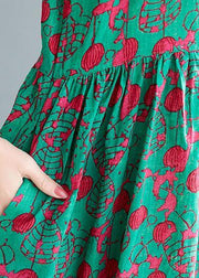 Loose green print cotton linen dresses Plus Size Inspiration o neck pockets Dresses Summer Dress - SooLinen