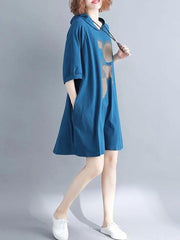 Loose hooded Cotton dress Shape blue print Dress summer - SooLinen