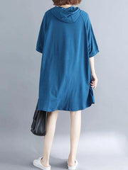 Loose hooded Cotton dress Shape blue print Dress summer - SooLinen