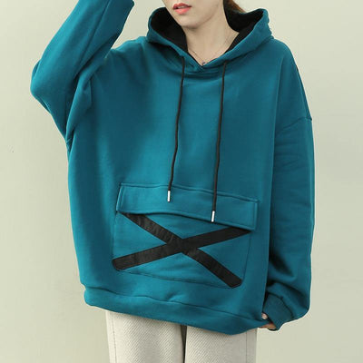 Loose hooded drawstring blouses for women Malachite blue Dresses shirt - SooLinen