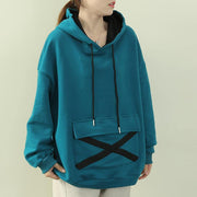 Loose hooded drawstring blouses for women Malachite blue Dresses shirt - SooLinen